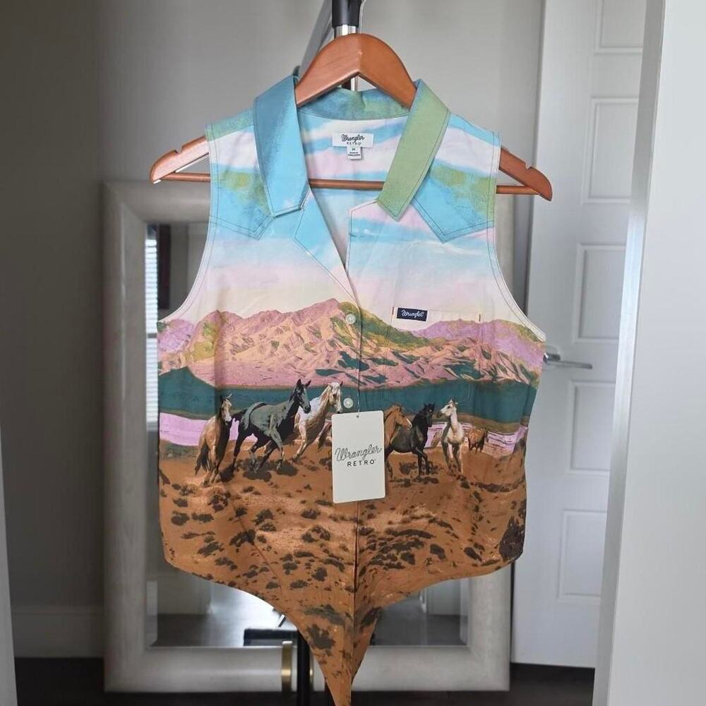 Wrangler Retro Americana Sleeveless Western Snap Shirt Blue Pink Size M NWT - Picture 3 of 6